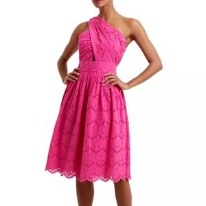 FRENCH CONNECTION Pink Appelona Cotton One Shoulder Eyelet Dress Size 2 NWT
